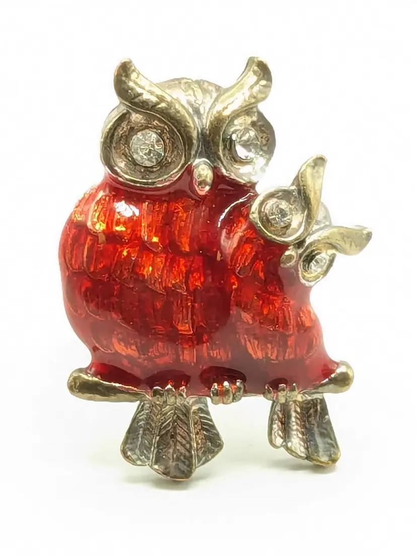 Owl Fashion Ring Rhinestone Eyes and Red Enameling