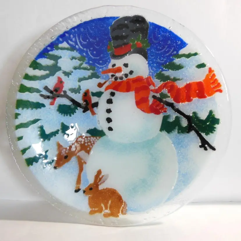 Vintage Peggy Karr Fused Glass, Large Shallow Snowman Bowl