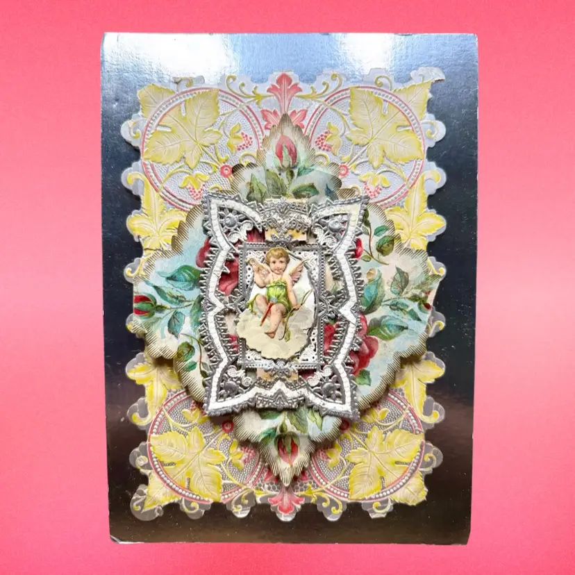 6.25”x8.75” Ornate Antique Valentine Display Cherub, Reflective, Rigid Cardboard