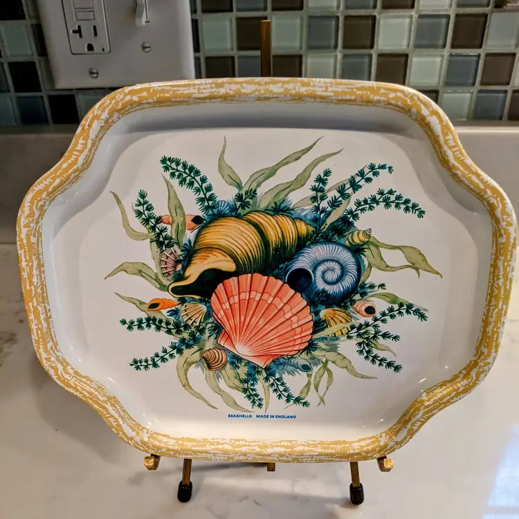 Vtg Elite Tray England Seashells Beach Coastal Metal Tin Small Tray Dish Plate