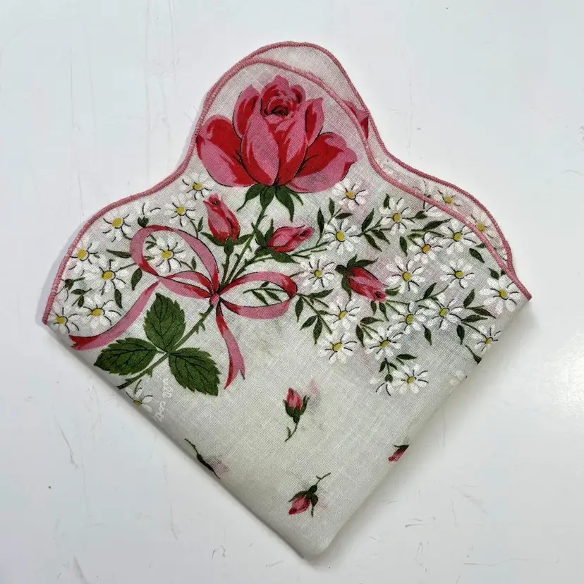 Pink Rose Daisy  Floral Handkerchief Vintage Cottagecore Granny Mid Century Scalloped