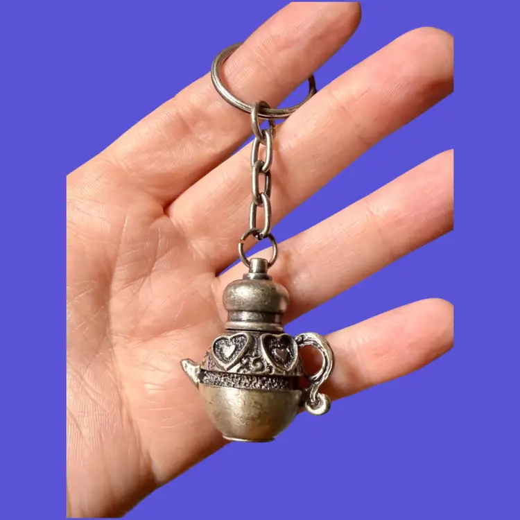 Vintage Pewter Heart Teapot Perfume Oil Diffuser Key Chain