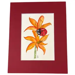 Original Watercolor Ladybug Flower 5x7” In Red 8 X 20” Matte