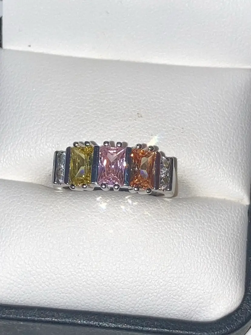 Vintage Sterling Silver Ring With 3 Gemstones And 4 CZ! Size 6! Stamped, Presidium And Acid Tested!