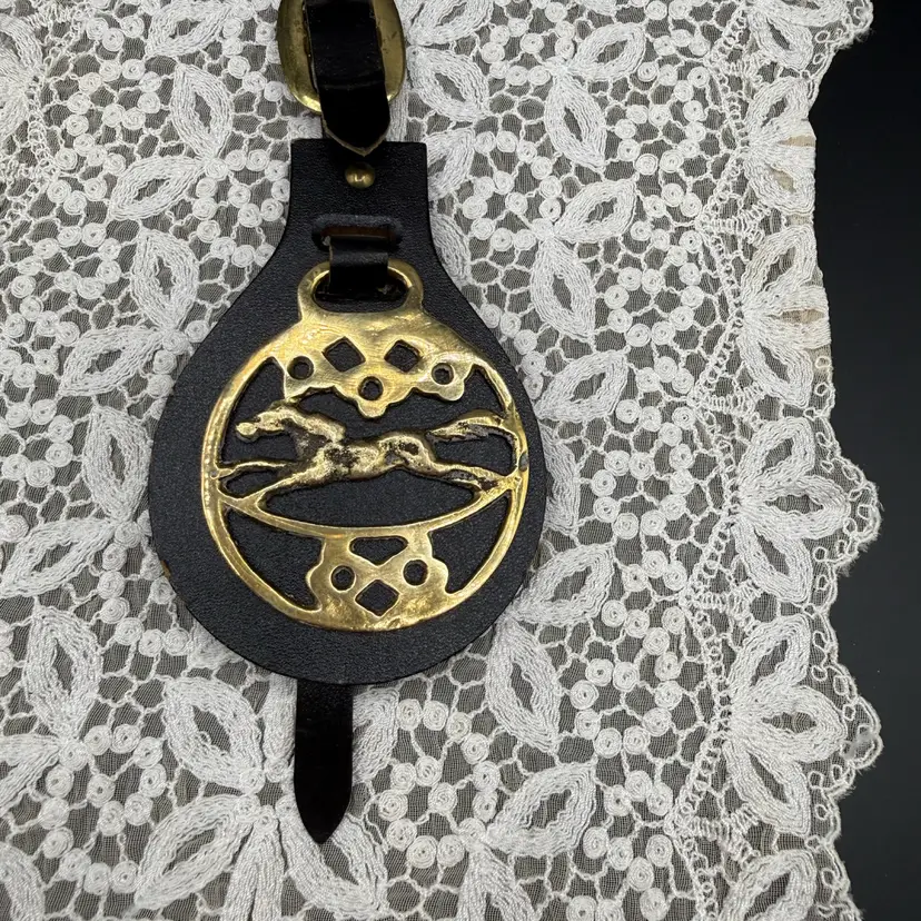🐞Vtg Galloping/Rocking HorseBrass Medallion On Leather Hanging Strap