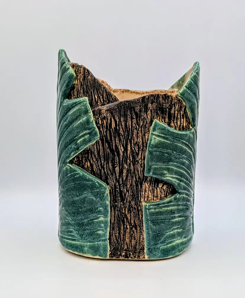 Handmade Ceramic Planter Tree Bark Leaf Design Green Pot 6.5” Rustic