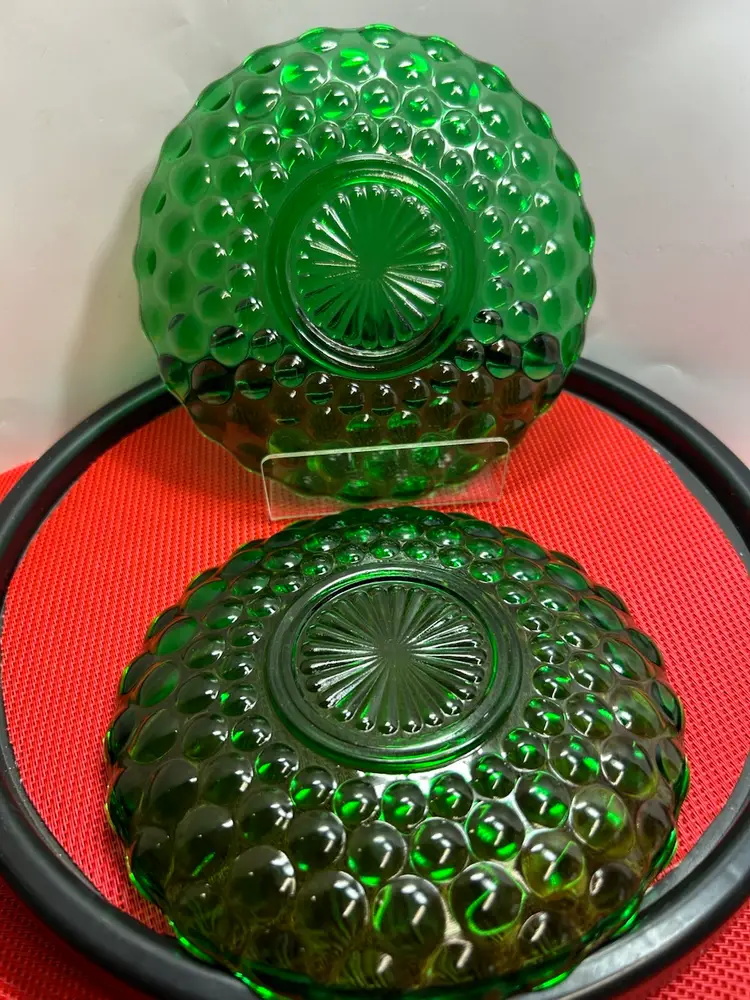 Vintage Anchor Hocking Bubble Pattern,  Emerald Green Saucers -2