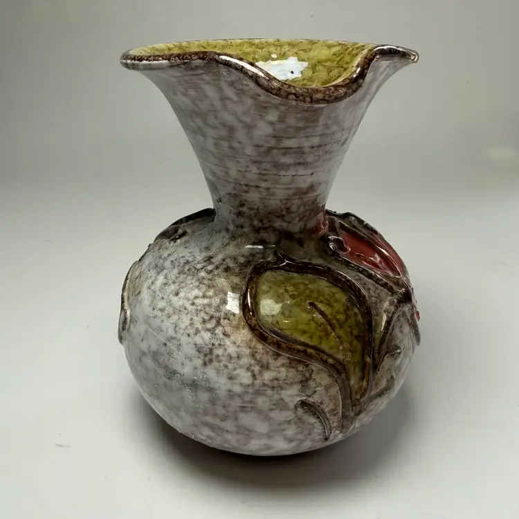 Vintage German Mid Century Mottled Lava Pottery Pitcher Jug Vase Flower Leaf MCM