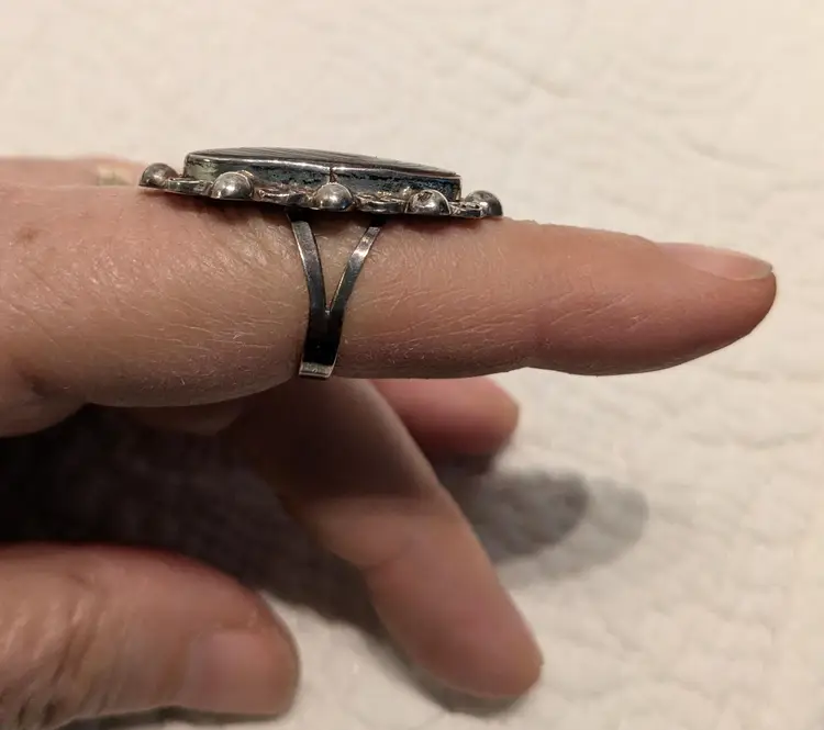 Vintage Sterling Silver Elongated Abalone Ring with Artist Stamp, Taxco Mexico, Size 6.5