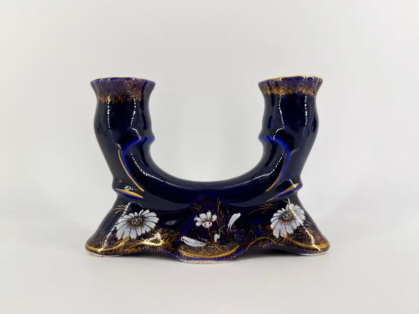 Cobalt Blue Ceramic Double Candle Holder White Flowers Gold Trim
