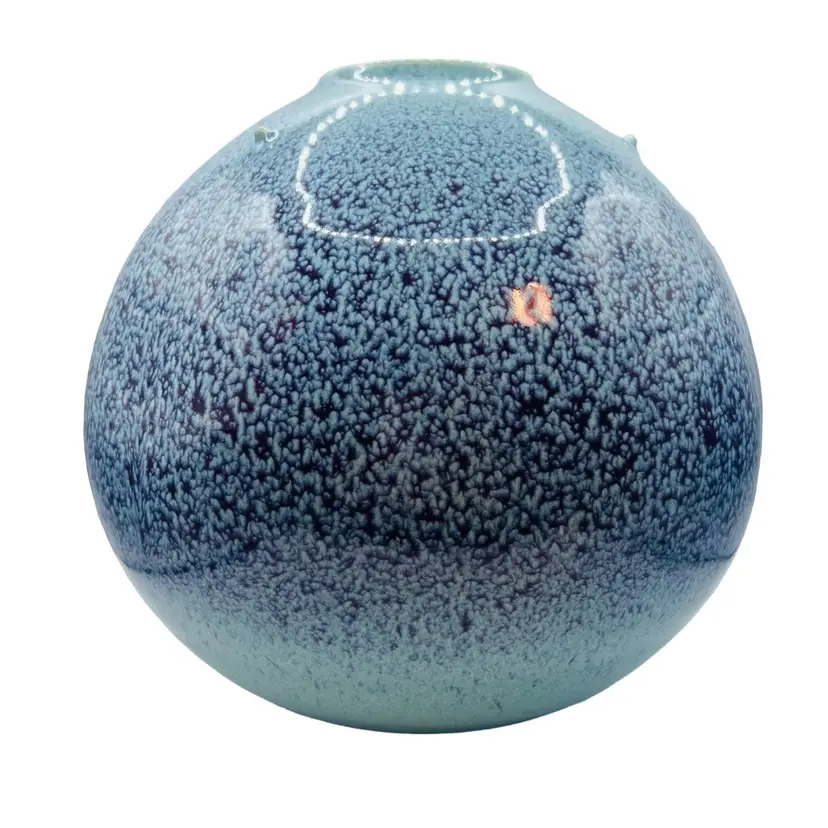 Aqua And Purple Round Japanese Pottery Vase 7”x 7”