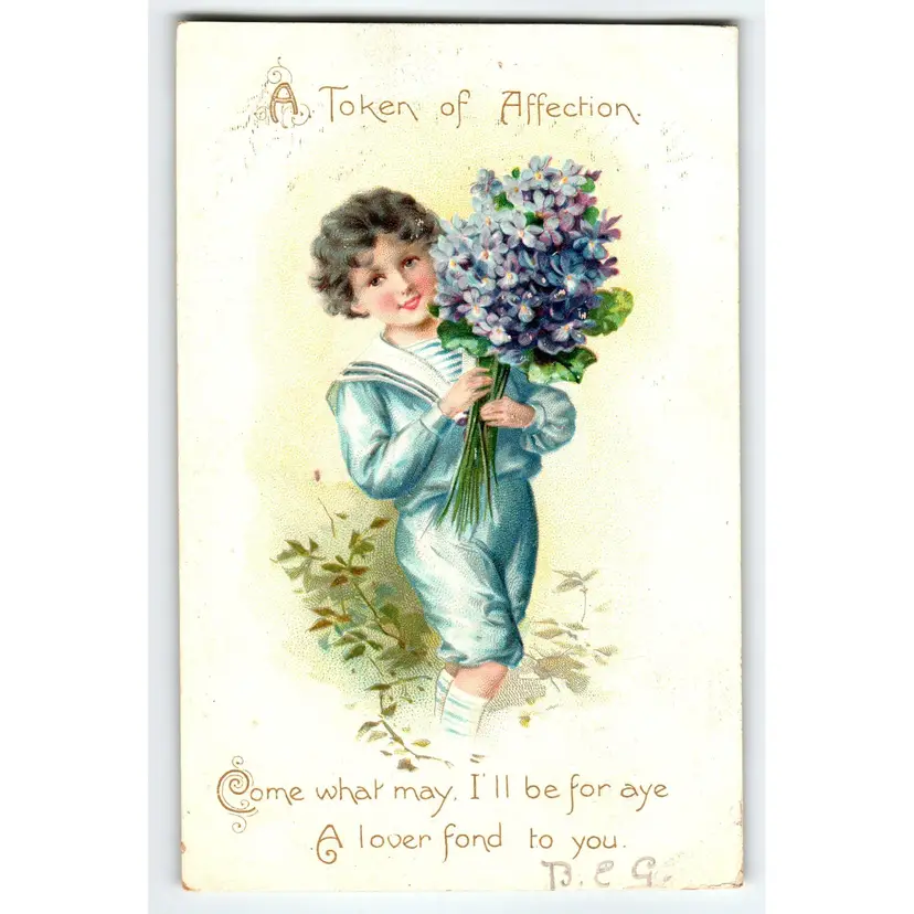 Valentines Day Postcard Tuck A Token Of Affection Victorian Child Blue Flowers