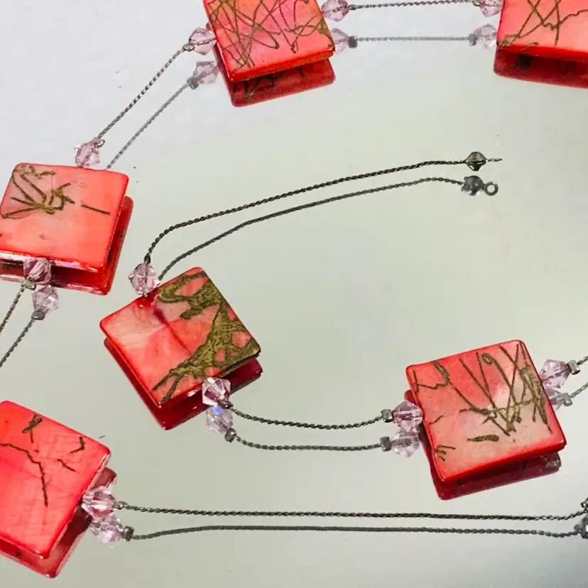 Vintage Costume Jewelry Glass Square Beaded Necklace Orange Peach Coral And Gold Tone Metal And Pastel Pink Clear Crystal Glass Beads