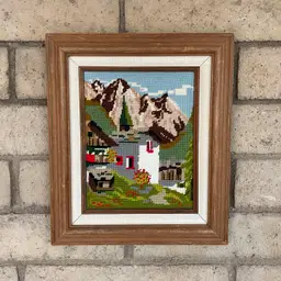 Framed Needlepoint Alpine Mountain Landscape Village House Vintage Cottagecore 12.5x14.5"