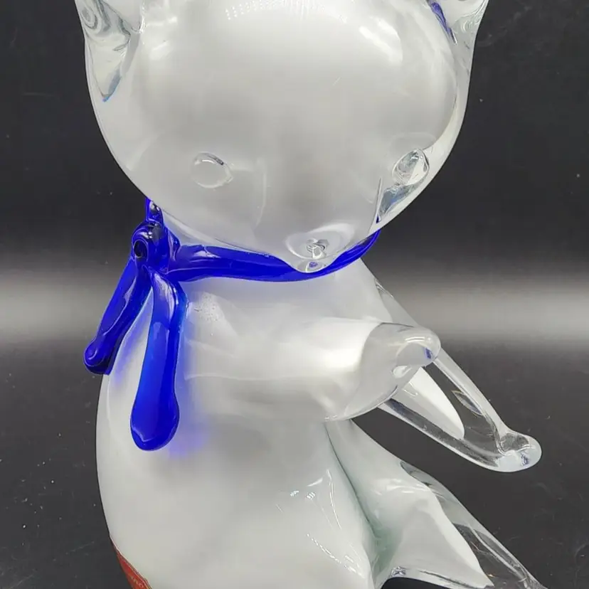 Vintage Murano Cenedese Art Glass White Cat w Blue Scarf Glass Figurine