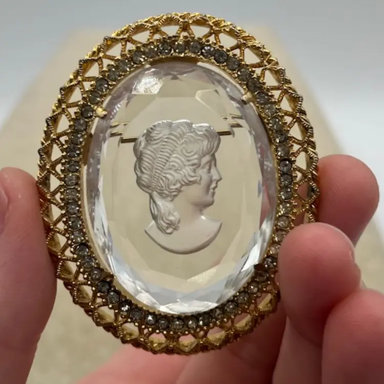 #J24 - Vintage Intaglio Glass Faceted Clear, Gold Tone Portrait Woman Brooch Pin