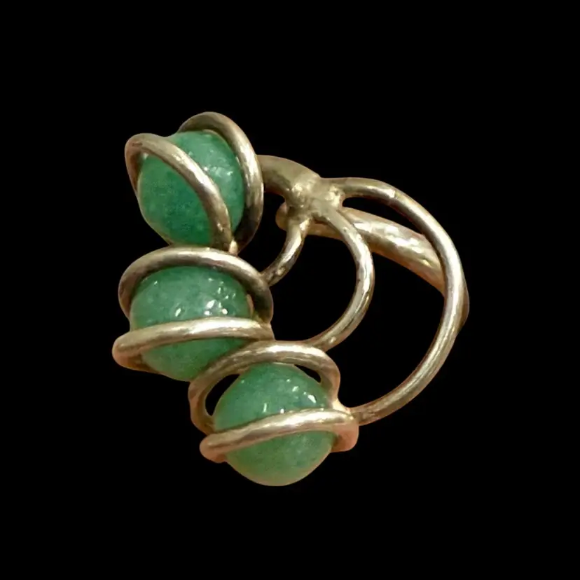 Vintage MC Mexico SHC Artist Signed Sterling Silver 3 Floating Aventurine Stone Modernist Adjustable Ring, 6g