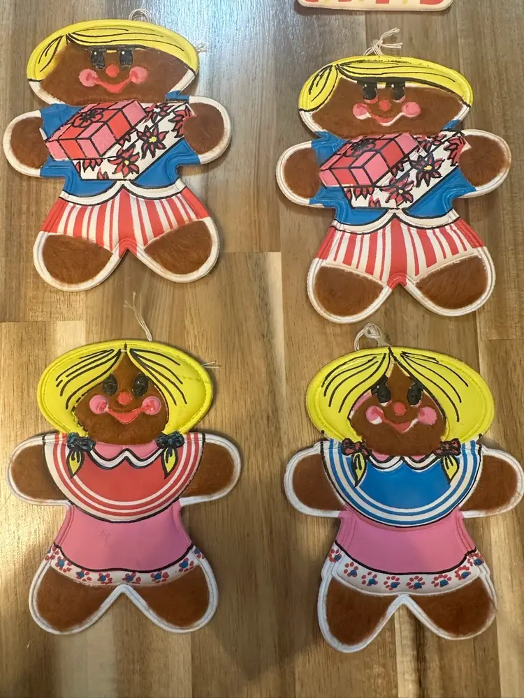 Set Of 6 Gingerbread Vinyl And Felt Christmas Ornaments