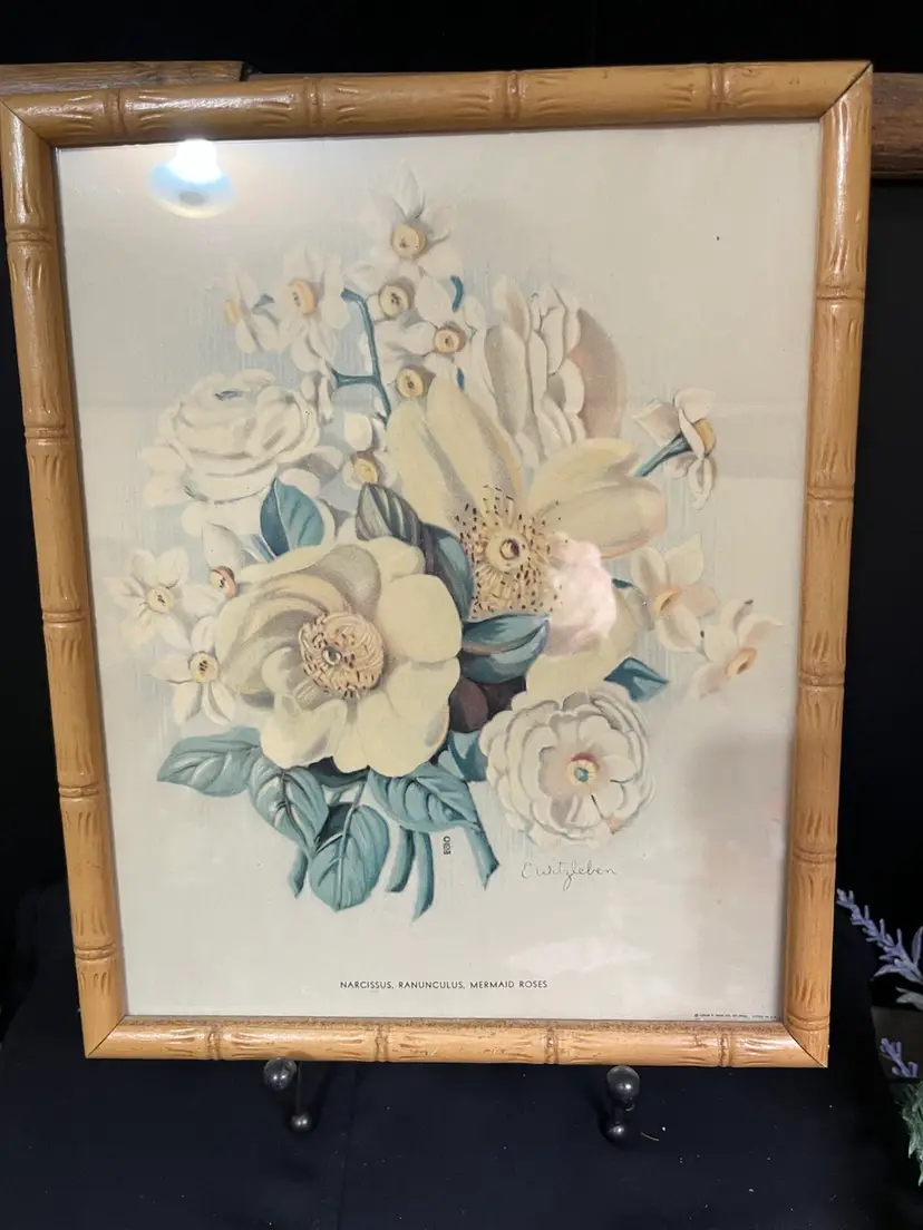 8" x 10" Lithograph of Flowers-Signed by E. Witzleben Framed w/ Glass-Wood Frame Made to Look Like Bamboo-Lot 58
