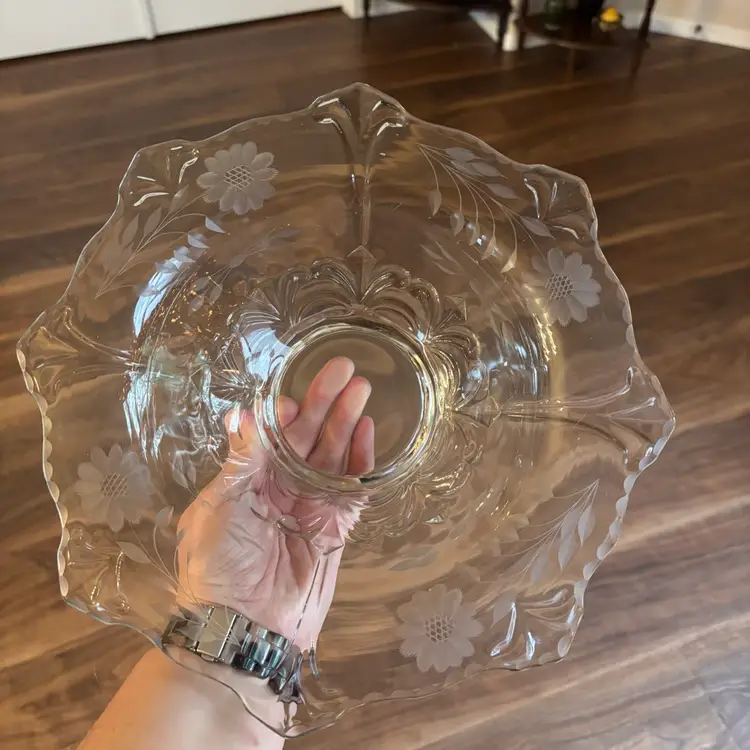 Vintage Indiana Glass Etched Floral Flared Pedestal Bowl