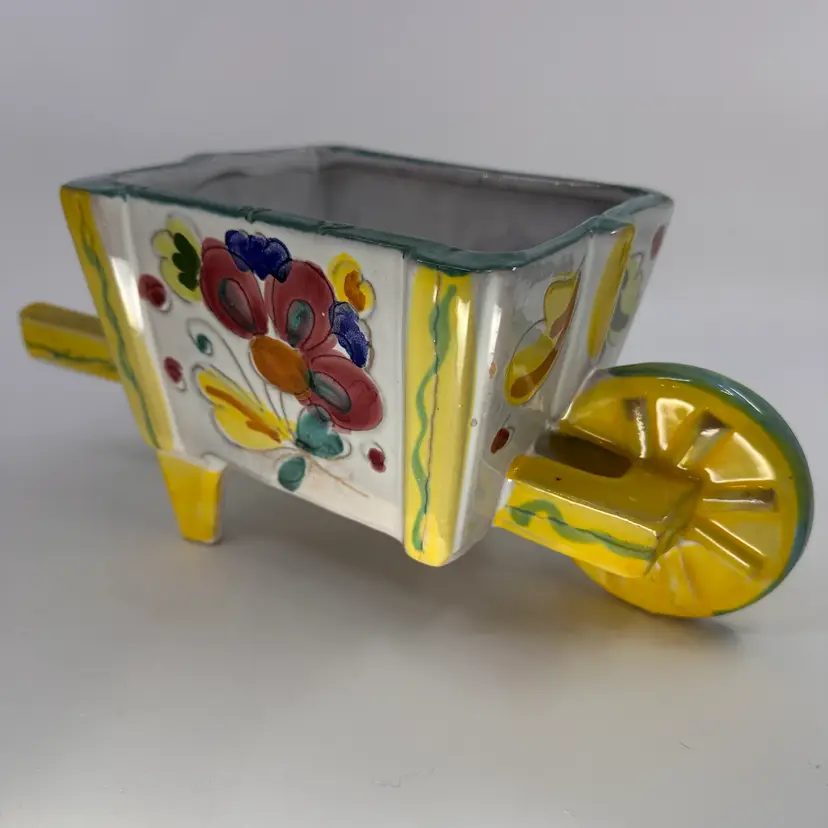 Vintage Italy Ceramic Donkey Cart Flower Planter Hand Painted & Glazed 11”