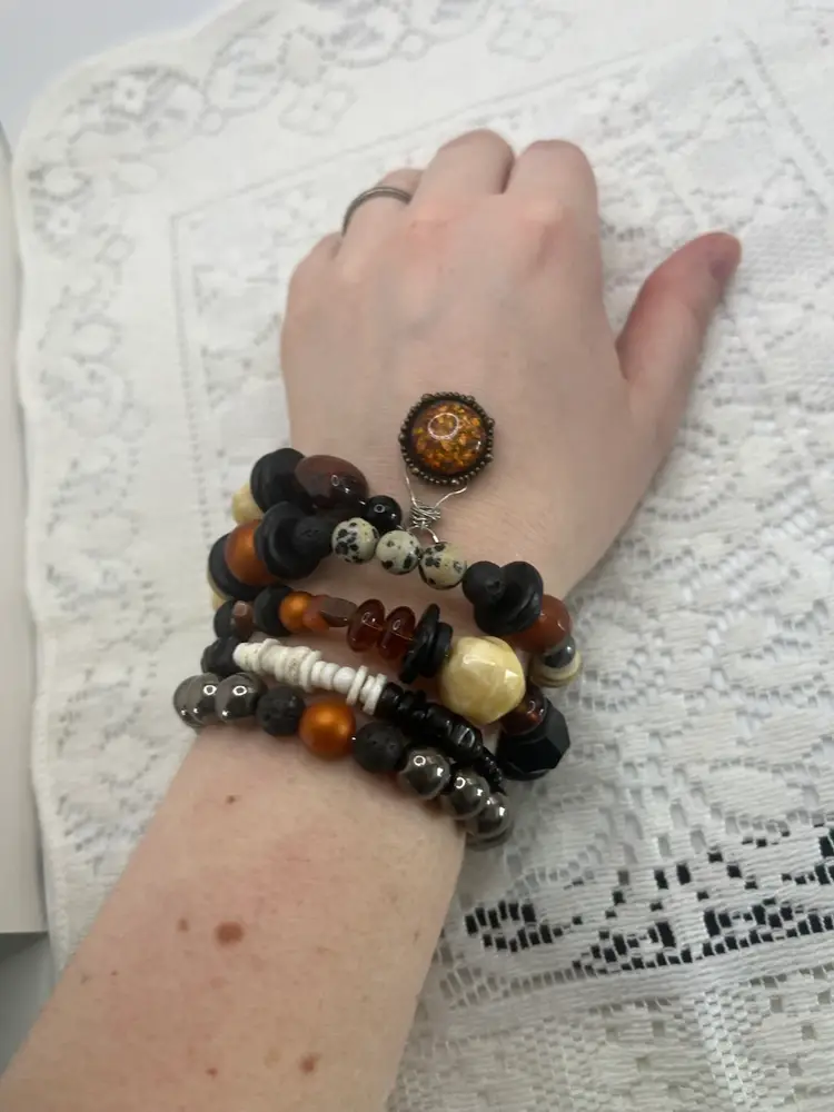 Handmade Wire Wrap Bracelet Set Dalmatian Jasper, Burnt Orange, Black & Beige