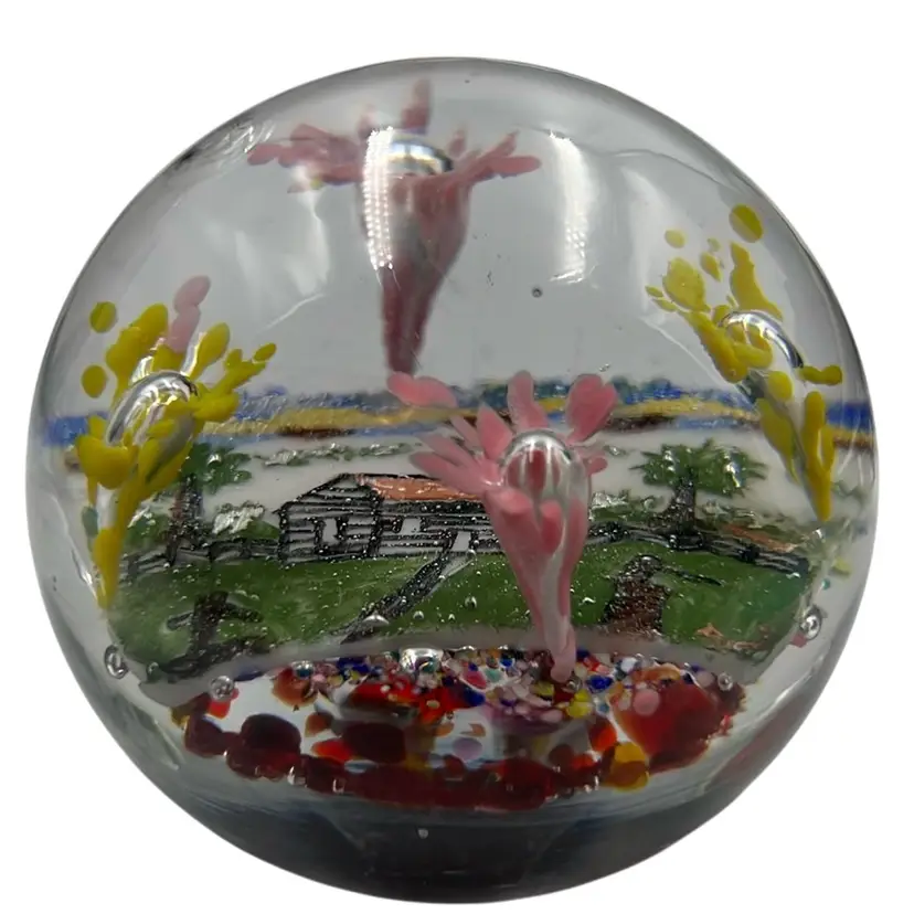 Vintage Degenhart Paperweight - Scene Painted On Encased Plaque 3.5”
