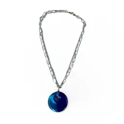 10” Silver Tone Double Chained Iridescent Blue Glass Round Bead Pendant Necklace