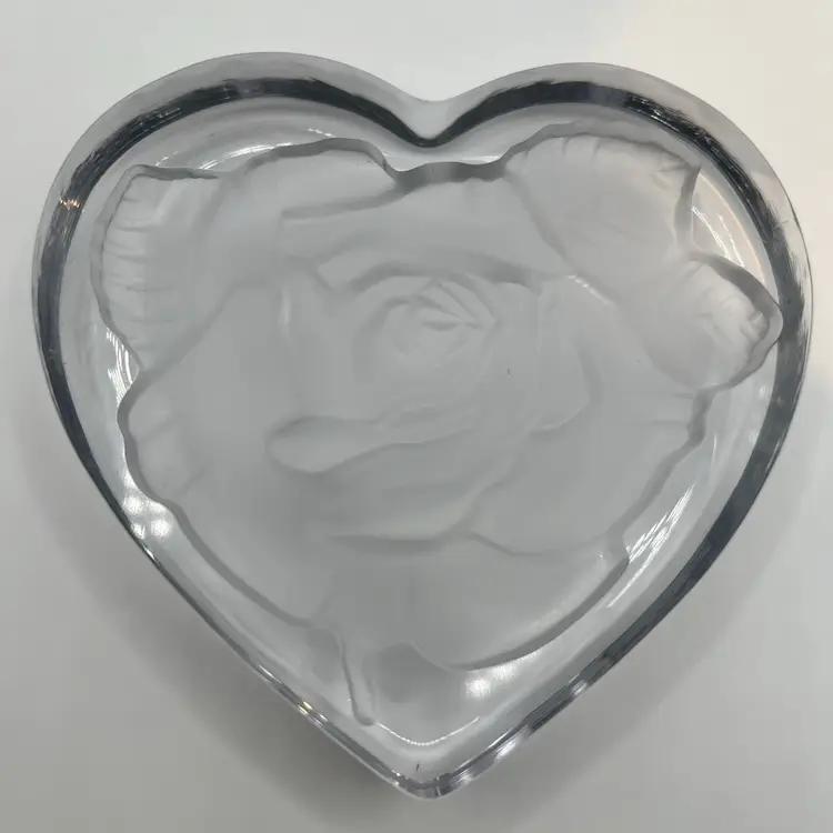 Vintage 1980s Reversed Etched Rose On Heart Paperweight