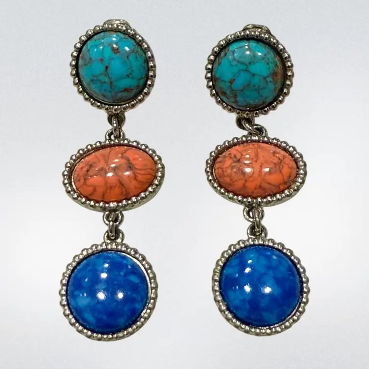 Vintage 80’s Glass Faux Gemstone Dangle Clip Earrings 3”