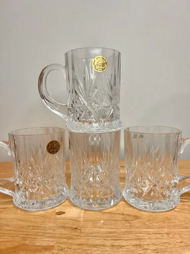 4 Cristal D'Arques Drinking Glasses Coffee Mugs Beer Mug Genuine Crystal 8oz