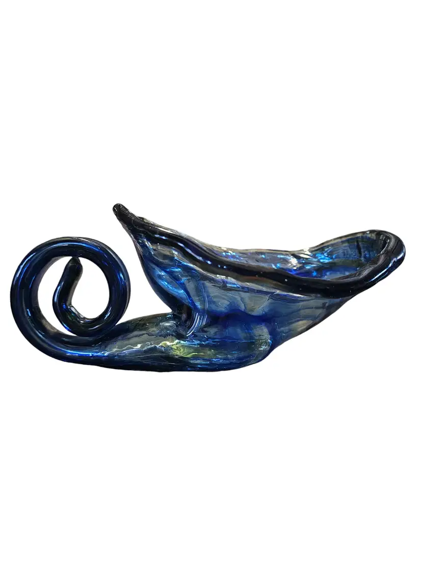 Murano Style Cobalt Blue Hand Blown Glass Cornucopia