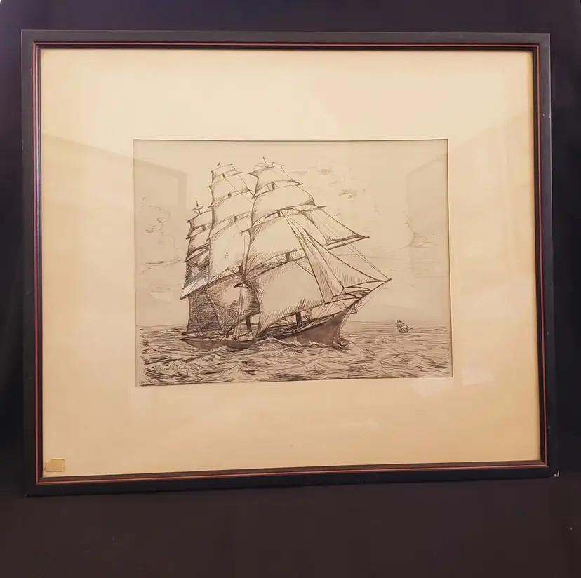 CLIPPER SHIP Art Signed Framed pen & ink 19.75" x 23" inscription backside