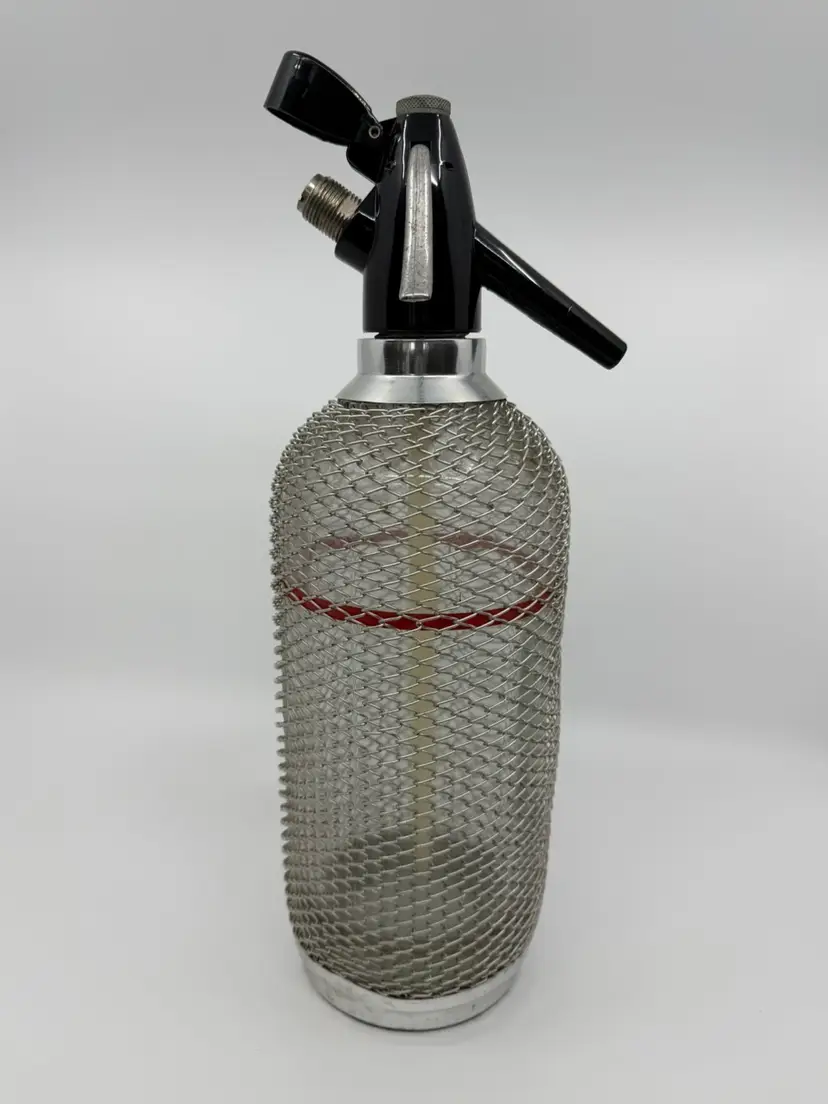 Vintage Large Wire Mesh Soda Siphon Seltzer Water Bottle Glass Bar Décor Heavy