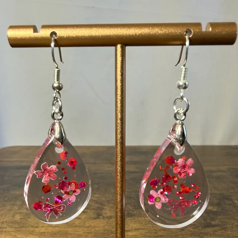 Pair Of Handmade Red And Pink Earrings In Resin