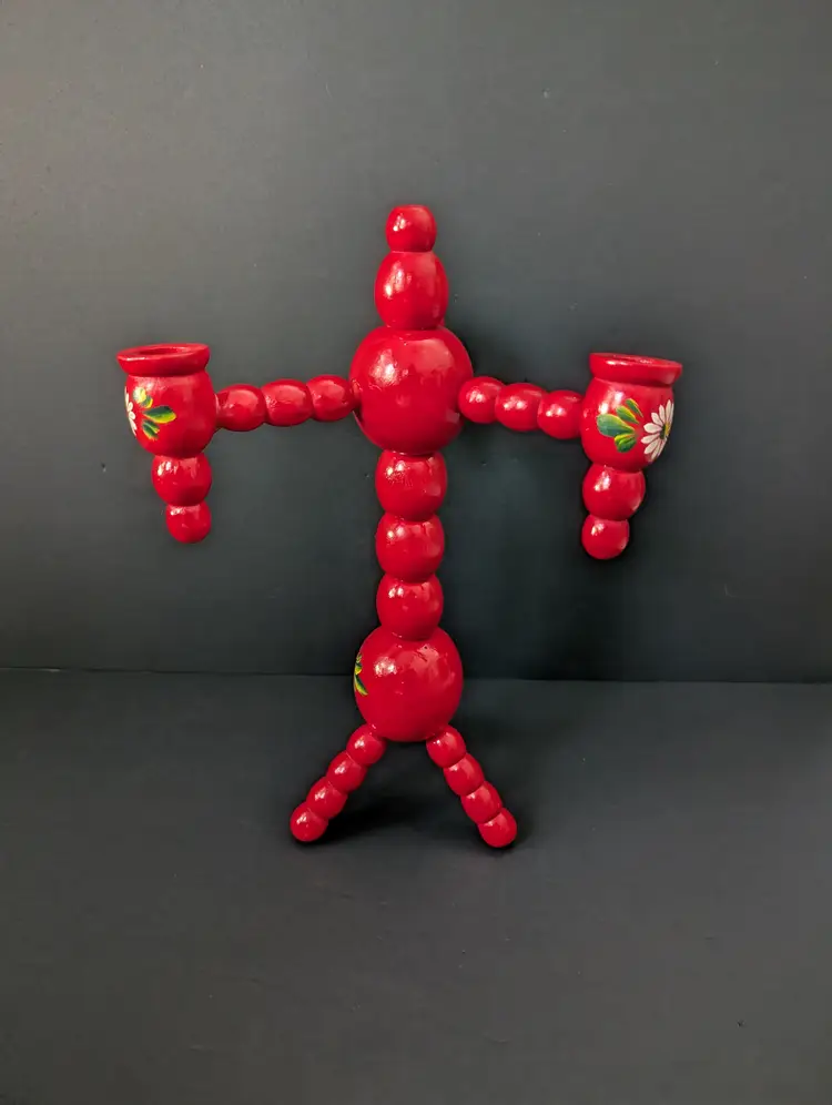 Swedish Candelabra Wood Red Flower Vintage Mid Century Sweden Candle Holder