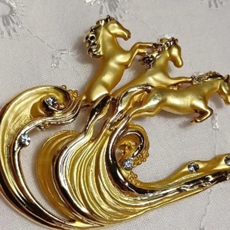 Vintage AJC Galloping Horses Goldtone And Rhinestone Brooch
