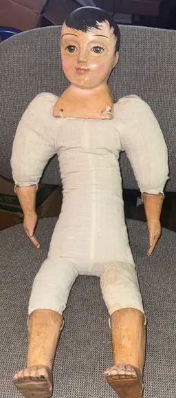 Antique 24” Wood Doll Carved+Hand Painted Head-Hand-Feet Muslin Sawdust Stuffed