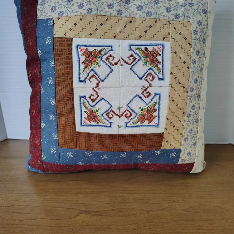 Vintage Handmade Quilted Patchwork Pillow Cross Stitch Flowers Log Cabin Style