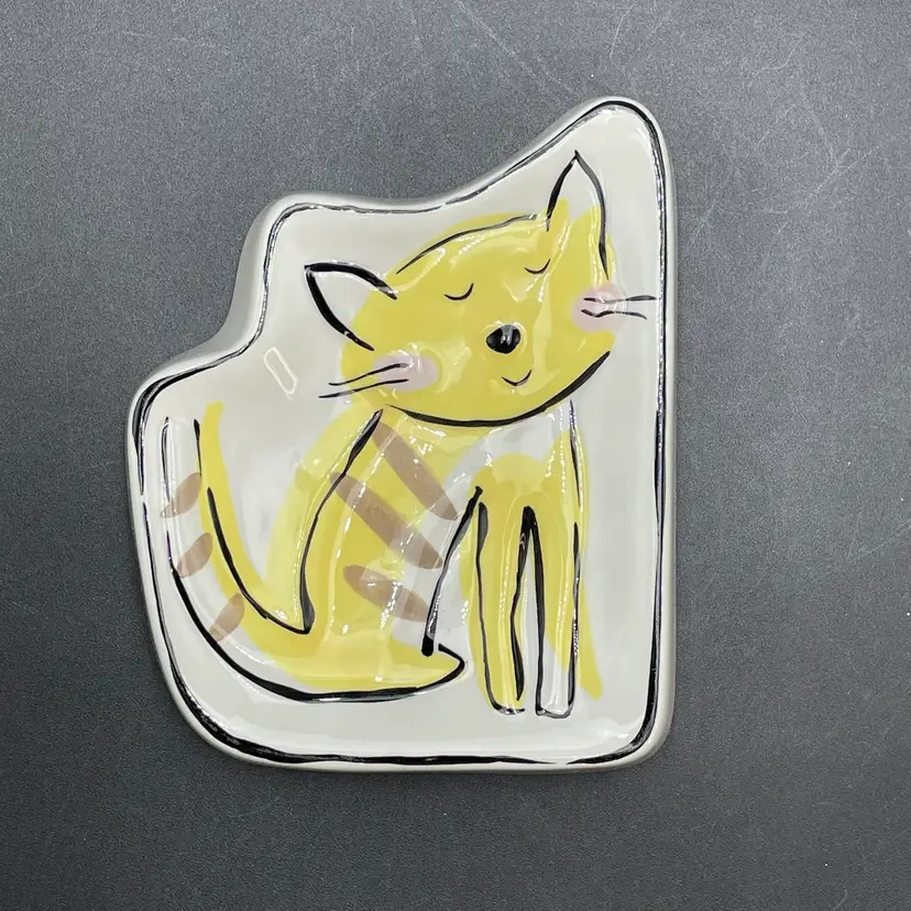 Jenny Faw Cat Kitten Kitty Trinket Soap Sponge Dish Yellow Brown Stripes Ceramic