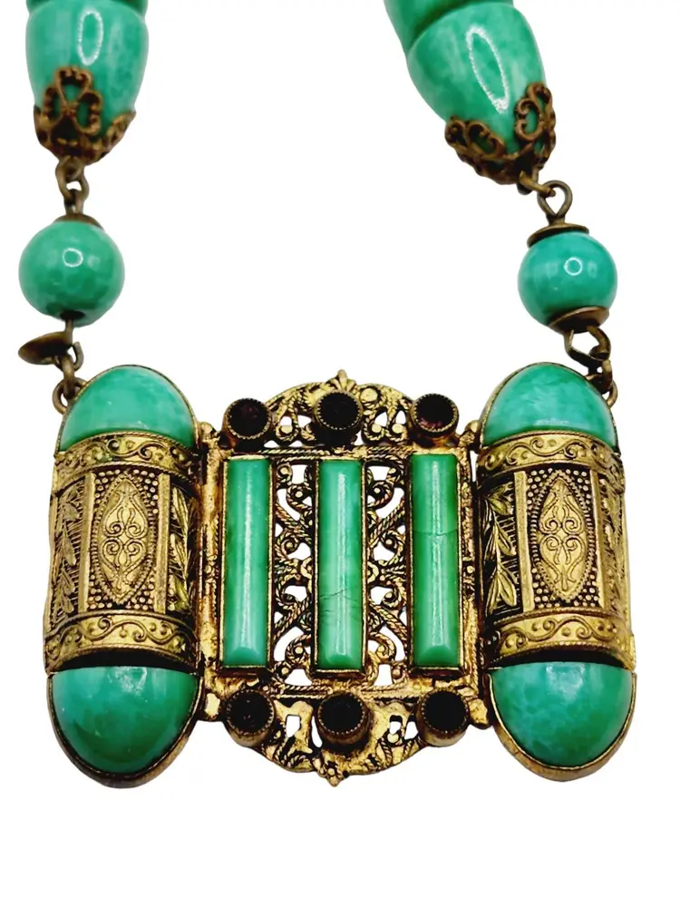 Antique Signed Czechoslovakia Brydcka and Altman Peking Glass Necklace (A1204)