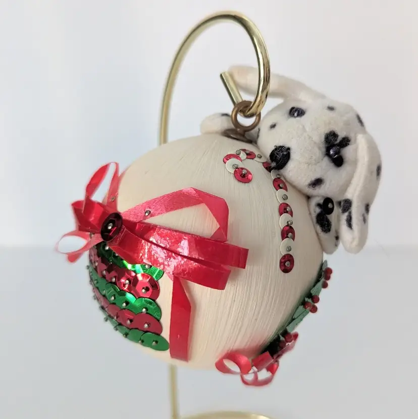Vintage Handmade Bead And Sequin Dalmatian Satin Ball Christmas Ornament