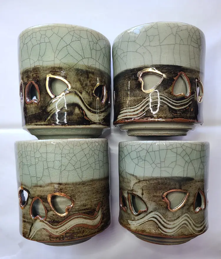 (4) Vintage Otagiri Somayaki Green Crackle Glaze Double Wall Tea Cup Soma Ware