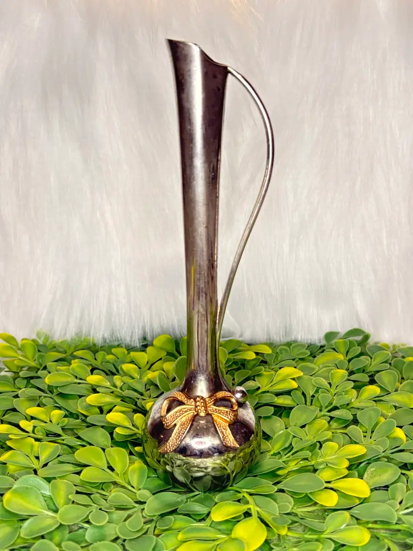 Vintage International Silver Co. Silver-Plated Bud Vase w/Brass Bow 7.25”