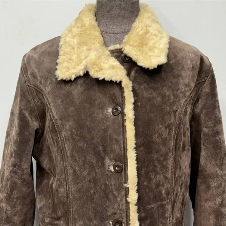 Vtg Women's Wilson's Leather Brown Suede Coat XL Sherpa Lined Stadium Length Button Up