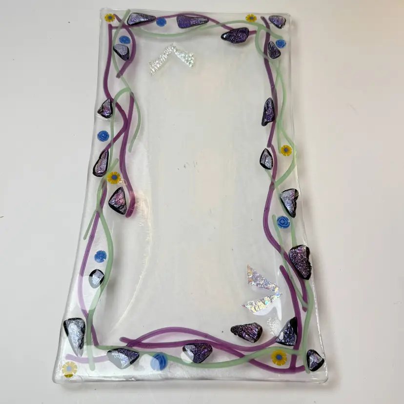 Fused Art Glass Artisan Made Dichroic Rectangle Platter Tray Purple Green Decor