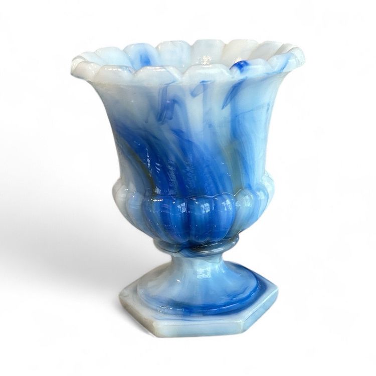 Some Orange Glow! Akro Agate Blue White Slag Glass Toothpick Urn Or Mini Planter