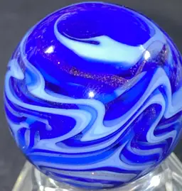 1 1/8" Signed Gold, Blue White Wave Lutz Marble UV Glow Front And Back Photos