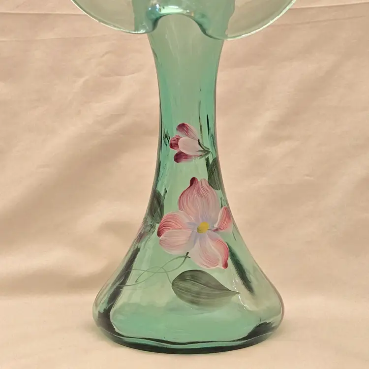 FENTON Ribbed Sea Mist Tulip Vase Jack In Pulpit Hand Painted Signed D Barbour