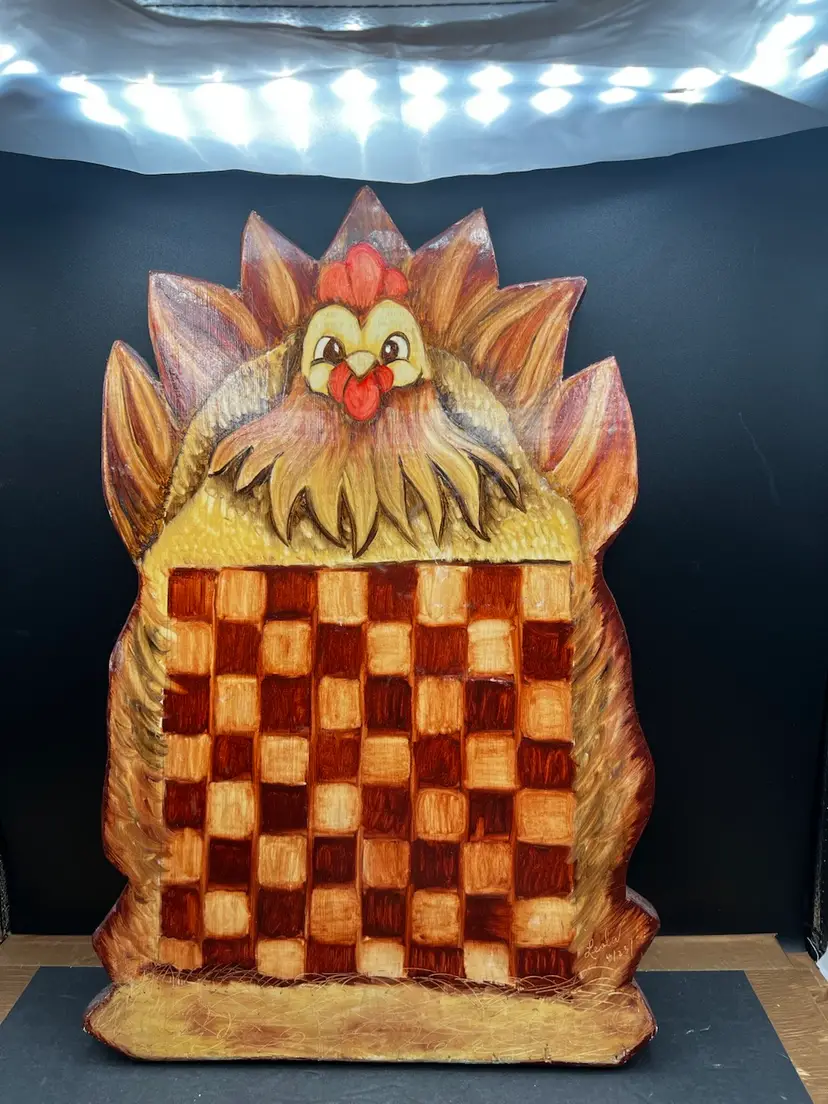 #611B Handmade Folk Art Wooden Checkerboard Painted And Shaped Like A Chicken